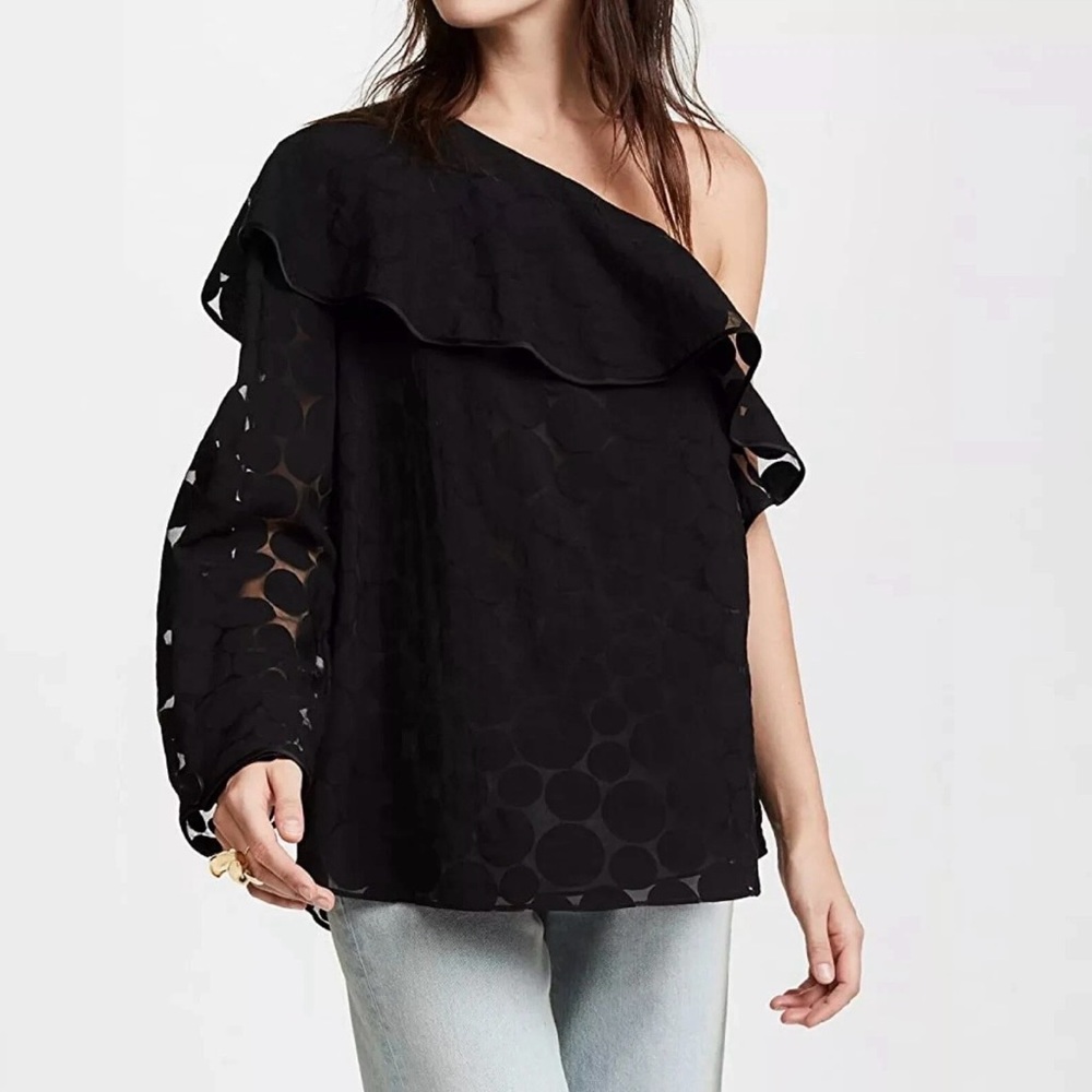 Diane Von Furstenberg Black One Shoulder Ruffle Polka Dot Top Size L